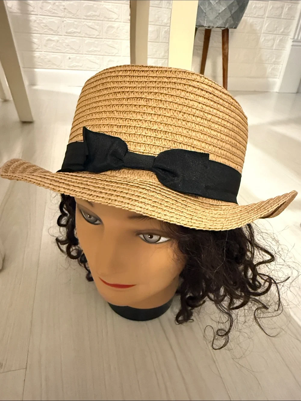 NWOT Straw Sun Hat with Black Ribbon Bow